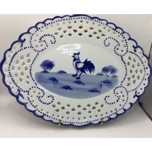 Lillian Vernon Blue White Rooster wall hanging Platter. Beautiful cutouts